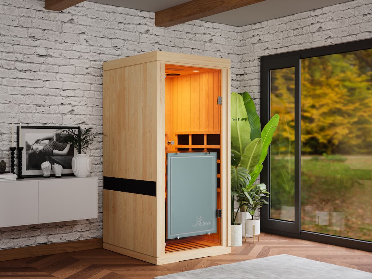 Sun Stream Evolve 10 Sauna Room Setting Evolve 10 one person infrared sauna setup in a modern New Zealand home interior