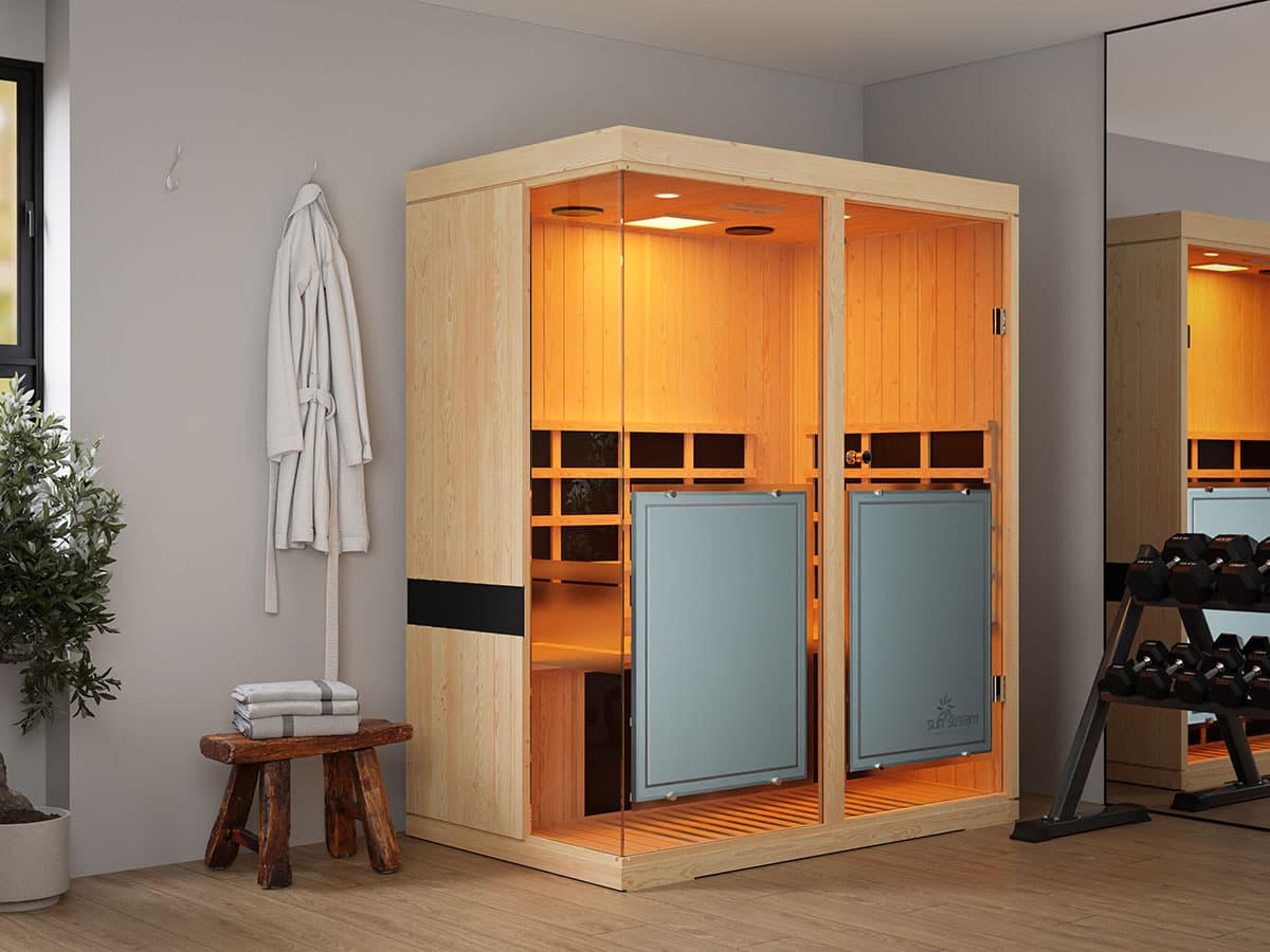 Evolve 30 3-Person Sauna – Angled View Evolve 30 3 person infrared sauna angled view showing full 360 degree heater design and Canadian Hemlock