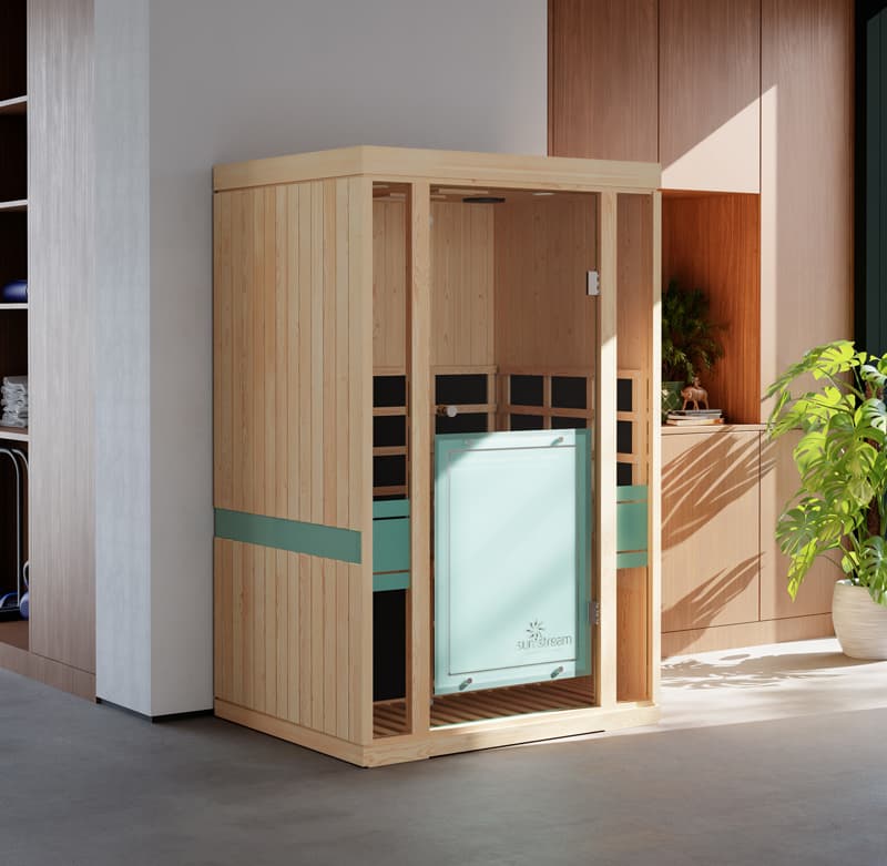 Sun Stream Infrared Sauna Full Surround NZ Sun Stream infrared sauna showcasing full surround heating and Canadian Hemlock timber
